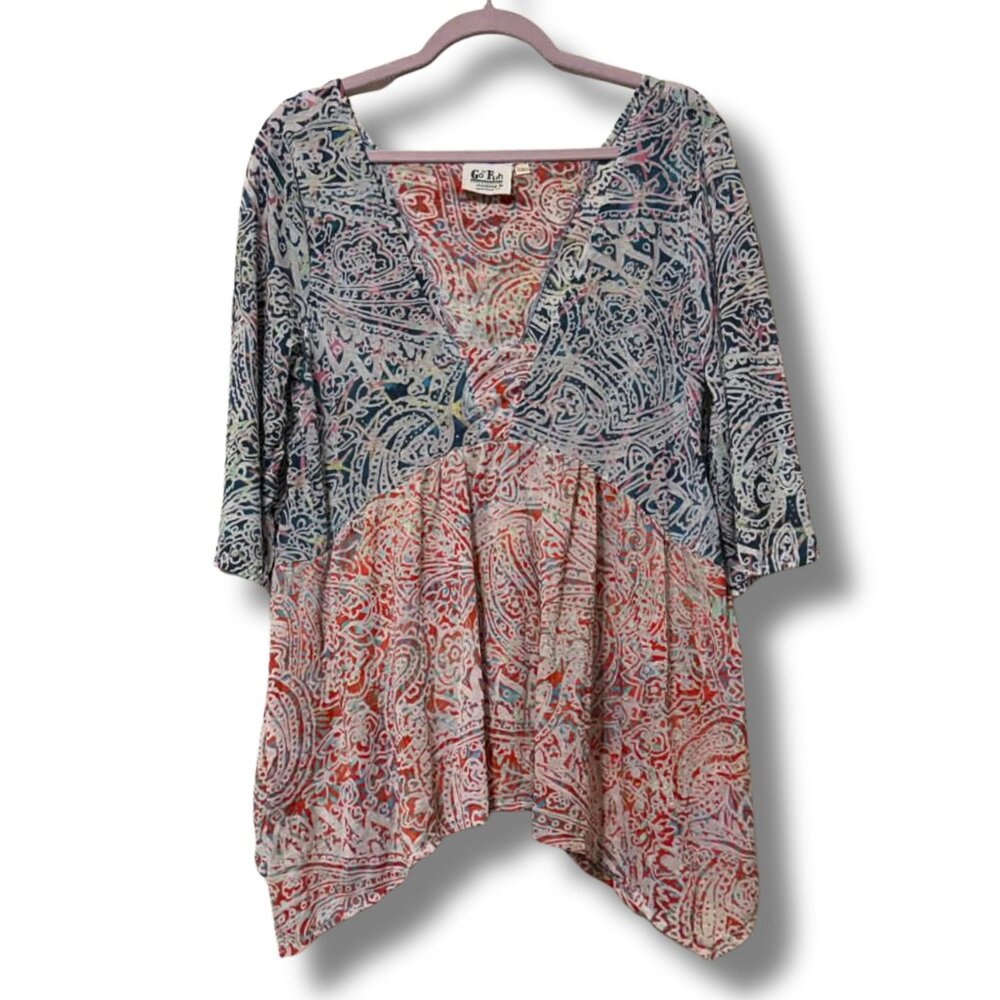 Go Fish Batik Tunic Top | Handmade Rayon Boho Flowy Hem Festival Shirt | Size L